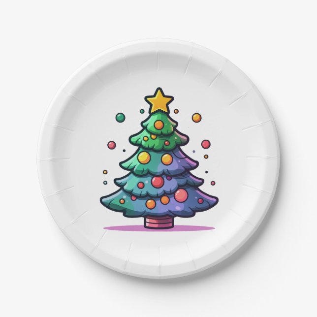 Niedlicher Weihnachtsbaum mit bunten Ornamenten Pappteller (Vorderseite)