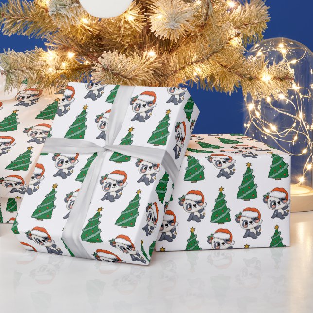 Niedlicher Weihnachtsbaum Panda Rote Weihnachtsman Geschenkpapier (Feiertage)