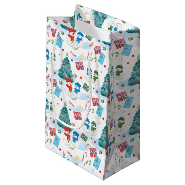 Niedlicher Weihnachtsbaum, Schneemann, Geschenke,  Kleine Geschenktüte (Vorderseite Schrägansicht)