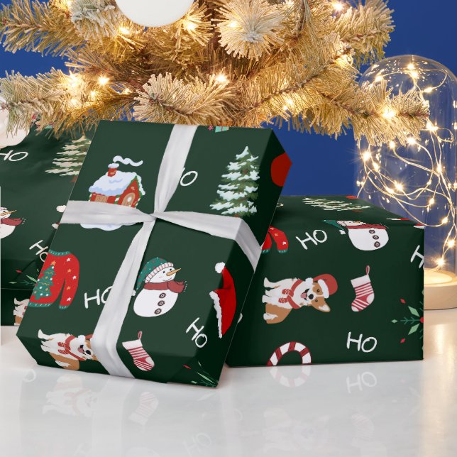 Niedlicher Weihnachtsbaumschneemann und Hund Geschenkpapier (Feiertage)