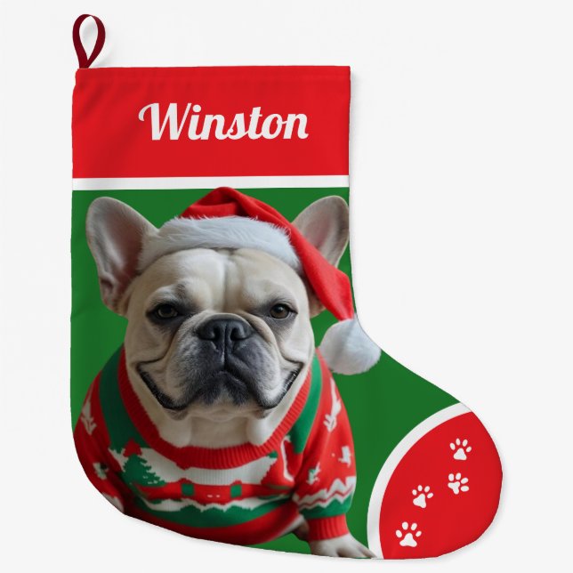 Niedlicher Weihnachtsbollenhund mit Sweater Person Großer Weihnachtsstrumpf (Vorderseite)