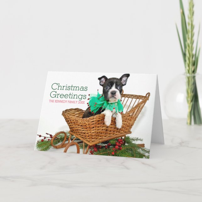 Niedlicher Weihnachtsboston-Terrierwelpe Feiertagskarte (Vorderseite)