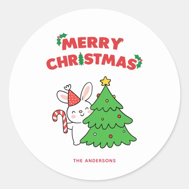 Niedlicher Weihnachtsbunny Rabbit Cartoon Runder Aufkleber (Vorderseite)