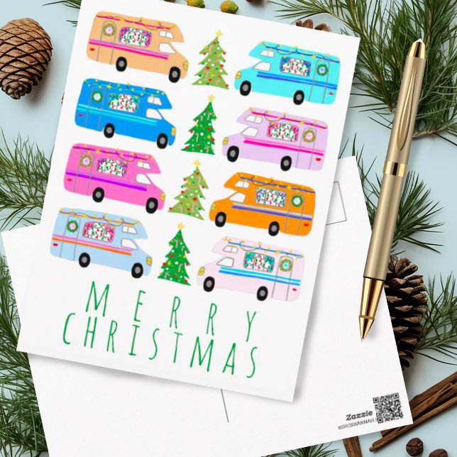Niedlicher Weihnachtscampingplatz Vintag Motorhome Postkarte (Cute Christmas campers custom holiday postcard)