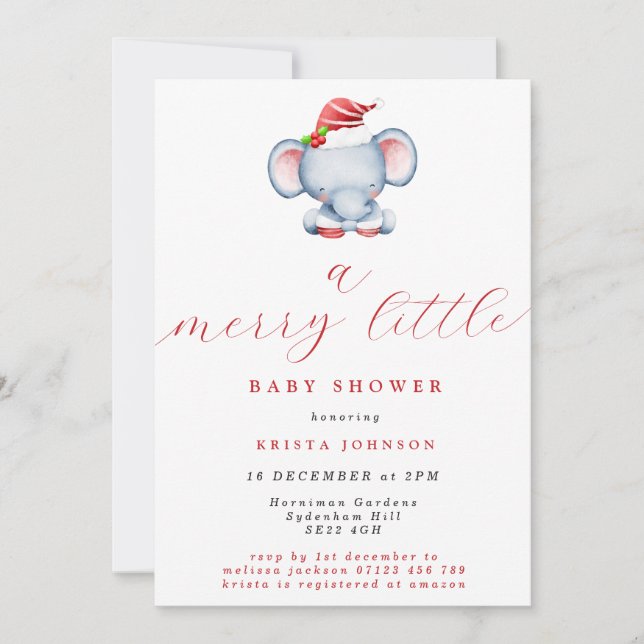Niedlicher Weihnachtselephant Merry Little Baby Sh Einladung (Vorderseite)