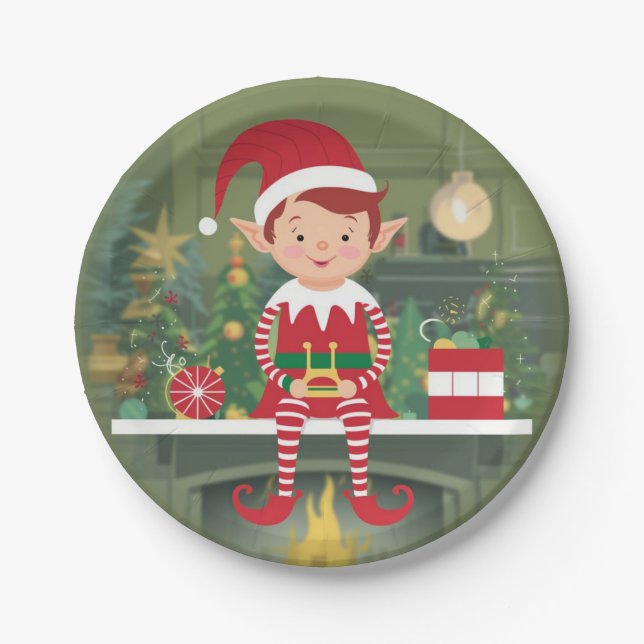 Niedlicher Weihnachtself auf der Tafel Pappteller (Vorderseite)