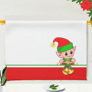 Niedlicher Weihnachtself auf Grün, Rot und Weiß Geschirrtuch