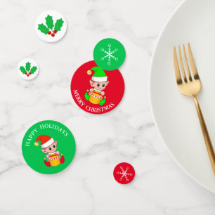 Niedlicher Weihnachtself auf grünem und rotem Tisc Konfetti
