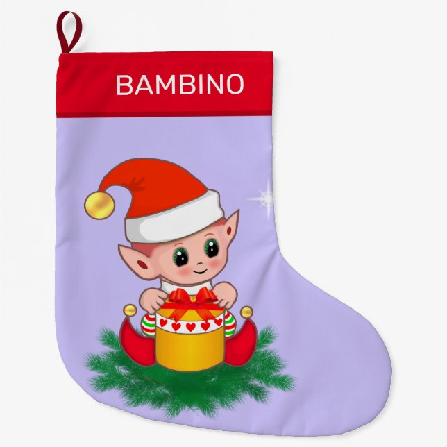 Niedlicher Weihnachtself auf Periwinkelblau Großer Weihnachtsstrumpf (Vorderseite)