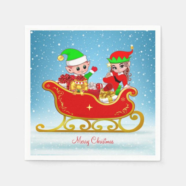 Niedlicher Weihnachtself auf Sleigh auf Light Blue Serviette (Vorderseite)
