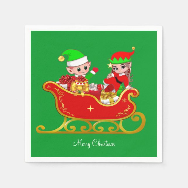 Niedlicher Weihnachtself auf Sleigh mit den Presti Serviette (Vorderseite)