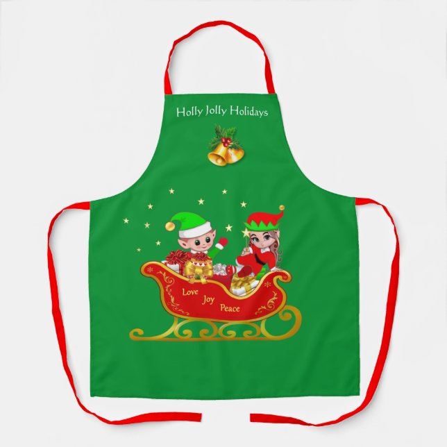 Niedlicher Weihnachtself auf Sleigh mit der Schürz Schürze (Vorderseite)