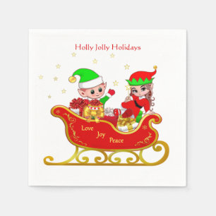 Niedlicher Weihnachtself auf Sleigh mit Geschenken Serviette