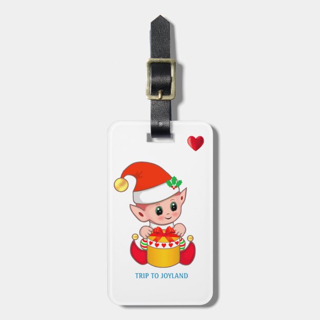 Niedlicher Weihnachtself & Herz auf Weiß Gepäckanhänger (Vorderseite vertikal)
