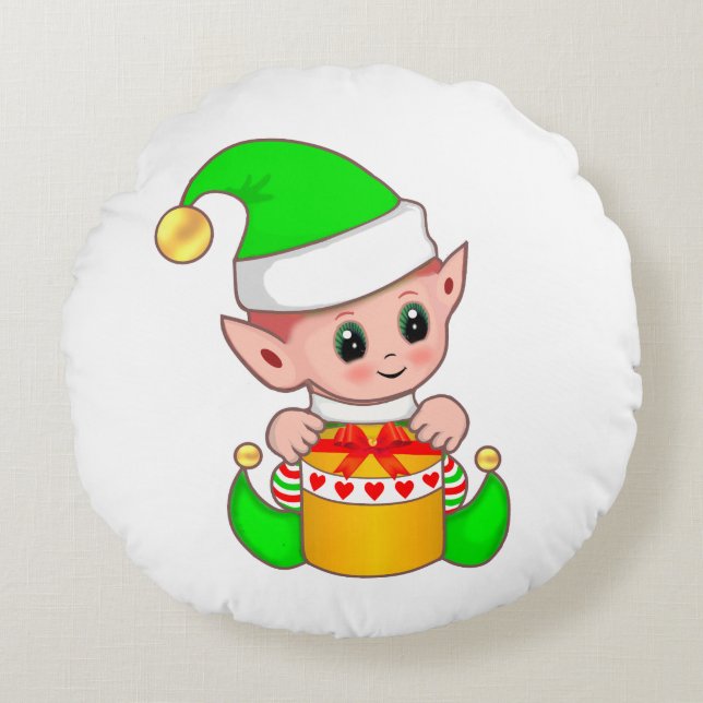Niedlicher Weihnachtself in Grün gekleidet Rundes Kissen (Vorderseite)