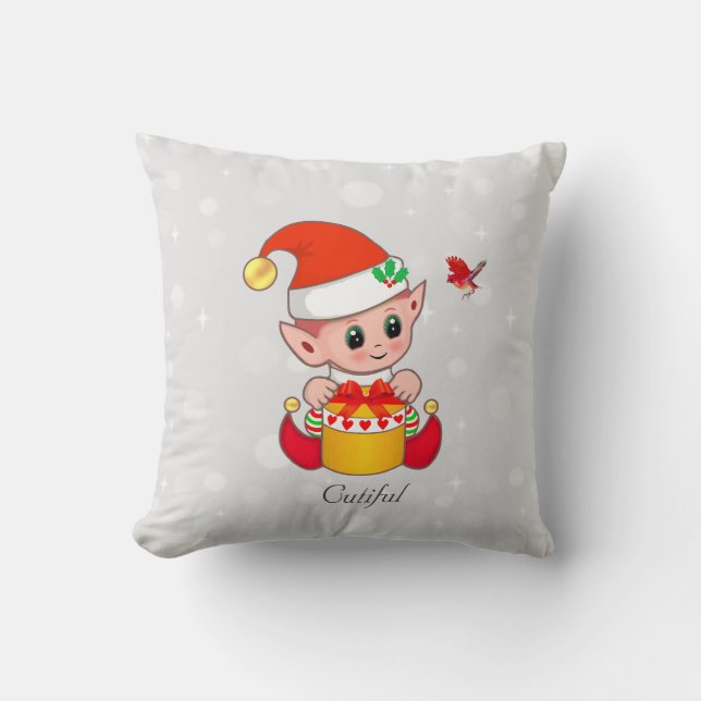 Niedlicher Weihnachtself & Kardinal Roter Vogel au Kissen (Vorderseite)