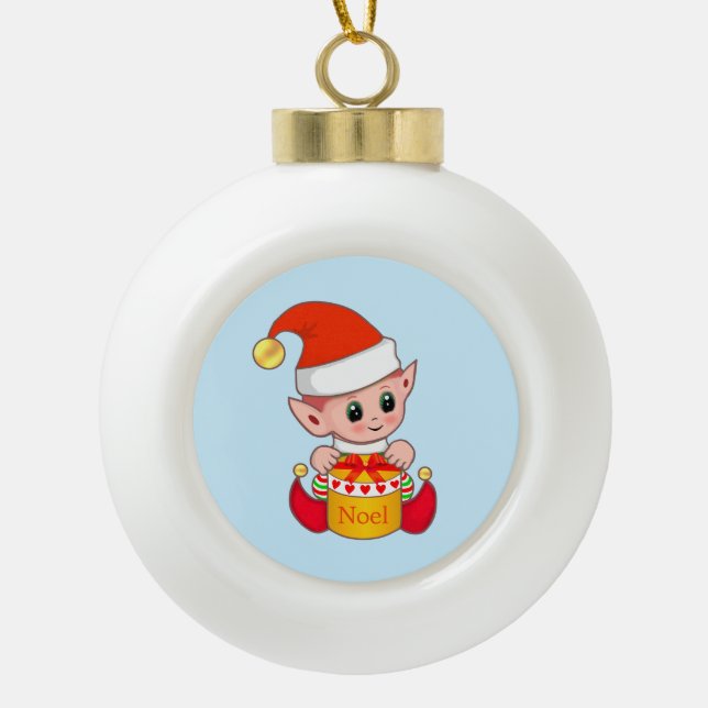 Niedlicher Weihnachtself Keramik Kugel-Ornament (Vorderseite)