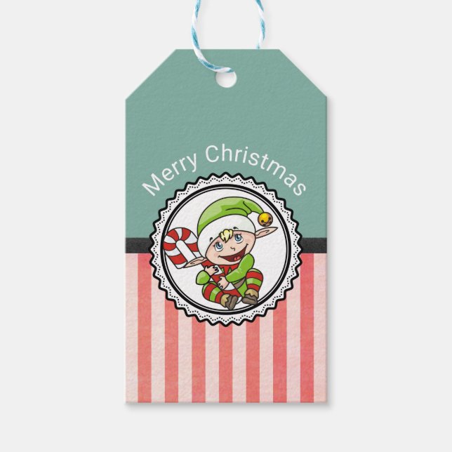 Niedlicher Weihnachtself mit Candy Cane Frohe Weih Geschenkanhänger (Vorderseite)