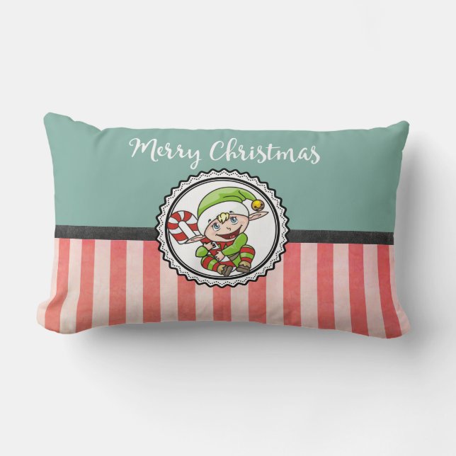 Niedlicher Weihnachtself mit Candy Cane Frohe Weih Lendenkissen (Vorderseite)