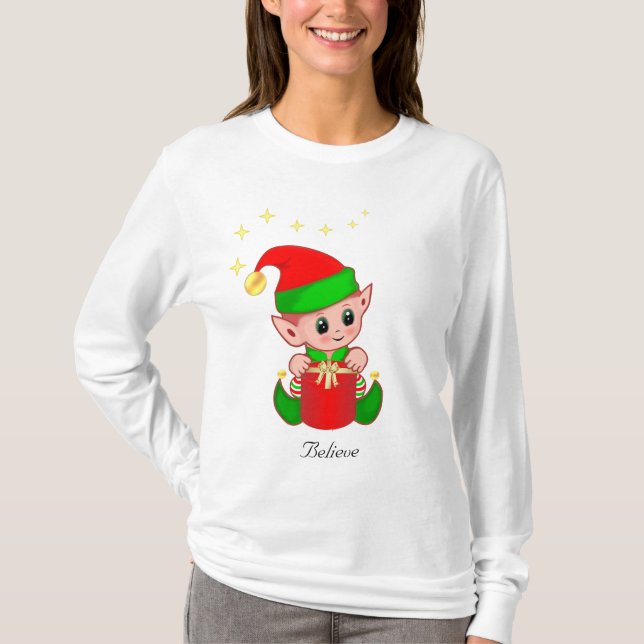 Niedlicher Weihnachtself mit Sternen T-Shirt (Vorderseite)