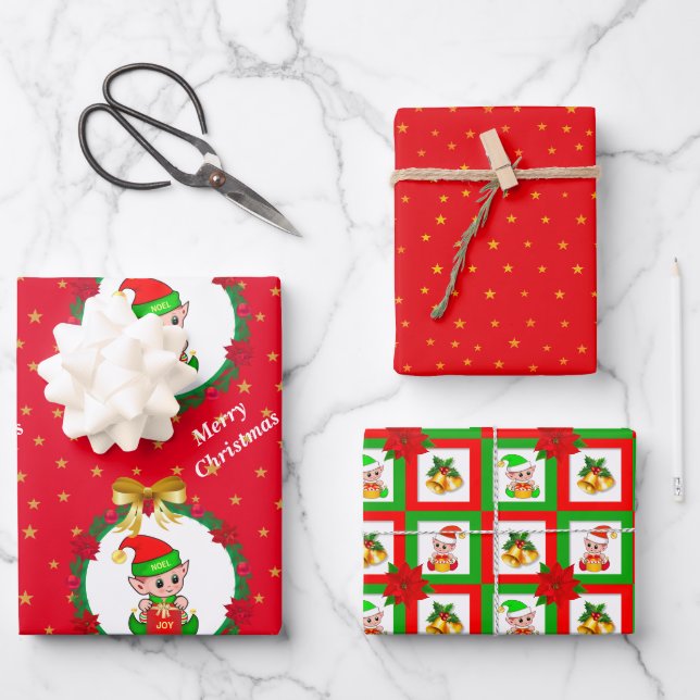 Niedlicher Weihnachtself, Rote Sterne und Glocken Geschenkpapier Set (Vorderseite)