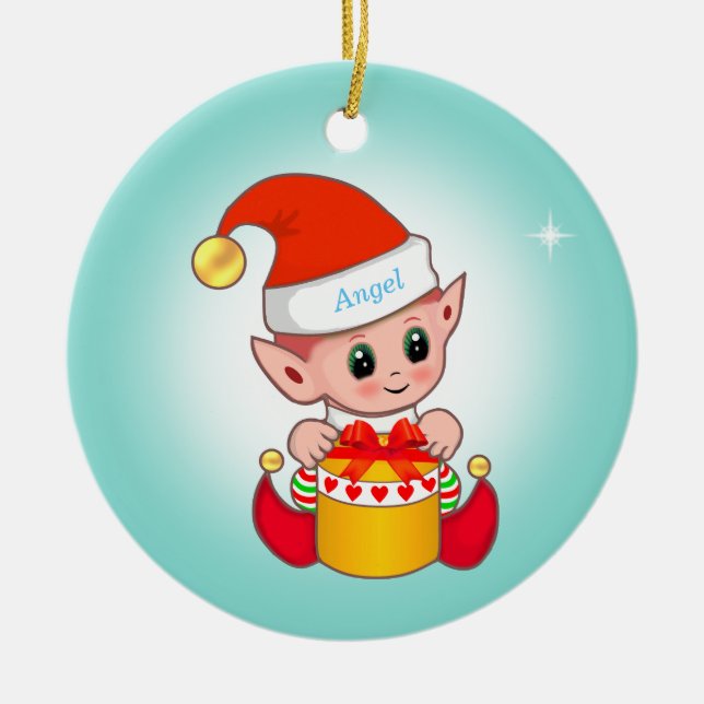 Niedlicher Weihnachtself & Stern auf hellblau Keramik Ornament (Vorne)