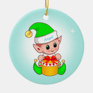Niedlicher Weihnachtself & Stern auf hellblau Keramik Ornament