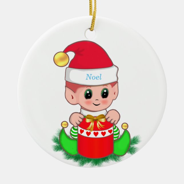 Niedlicher Weihnachtself und Geschenkboxen Keramik Ornament (Vorne)