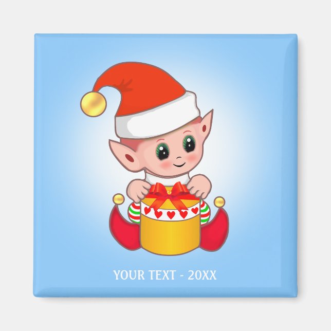 Niedlicher Weihnachtself und Ihr Text auf Light Bl Magnet (Vorne)