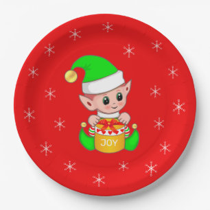 Niedlicher Weihnachtself und Schneeflocken auf Rot Pappteller