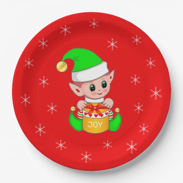 Niedlicher Weihnachtself und Schneeflocken auf Rot Pappteller (Vorderseite)