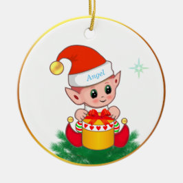 Niedlicher Weihnachtself und Stern auf Weiß Keramik Ornament