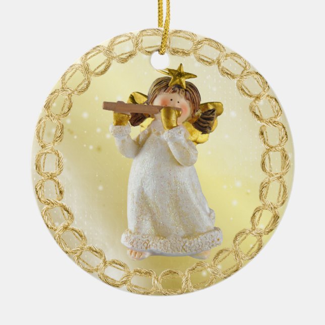 Niedlicher Weihnachtsengel, der Flöten-Verzierung Keramikornament (Vorne)