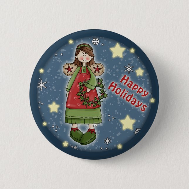 Niedlicher Weihnachtsengel mit Wreath Button (Vorderseite)