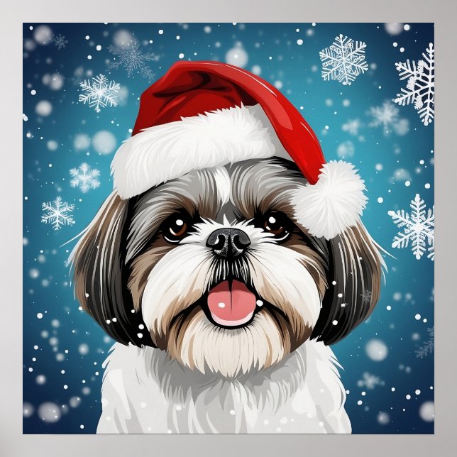 Niedlicher Weihnachtsfest Shih Tzu Dog mit Weihnac Poster (Vorne)