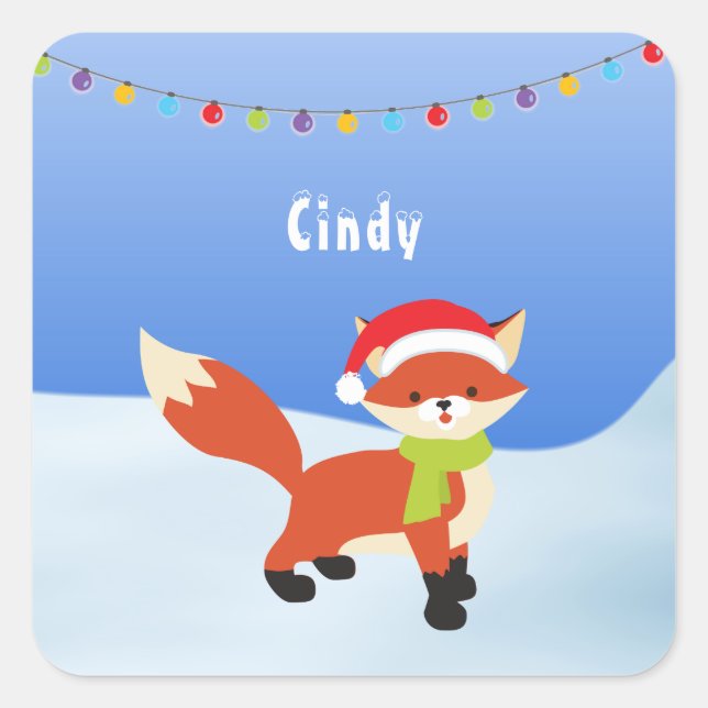 Niedlicher Weihnachtsfox auf Schnee Quadratischer Aufkleber (Vorderseite)