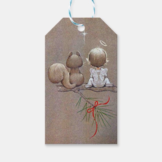 Niedlicher Weihnachtsgel und Eichhörnchen Geschenkanhänger (Vorderseite)