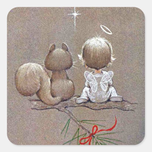 Niedlicher Weihnachtsgel und Eichhörnchen Quadratischer Aufkleber (Vorderseite)