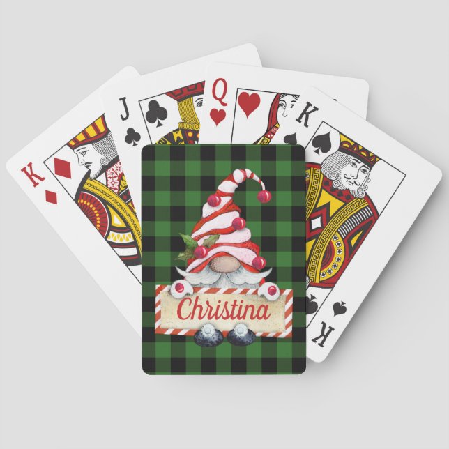 Niedlicher Weihnachtsgenom Red Strip Hat Grün Kari Spielkarten (Rückseite)