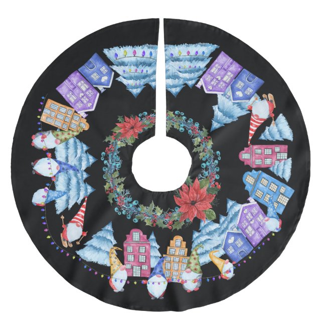 Niedlicher Weihnachtsgnome/Elfendorf Polyester Weihnachtsbaumdecke (Vorderseite)