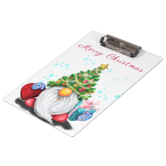 Niedlicher Weihnachtsgnome mit Geschenkklammer Klemmbrett (Schrägansicht)