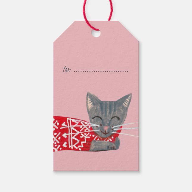 Niedlicher Weihnachtsgrauer Katzenrosa Feiertag Geschenkanhänger (Vorderseite)