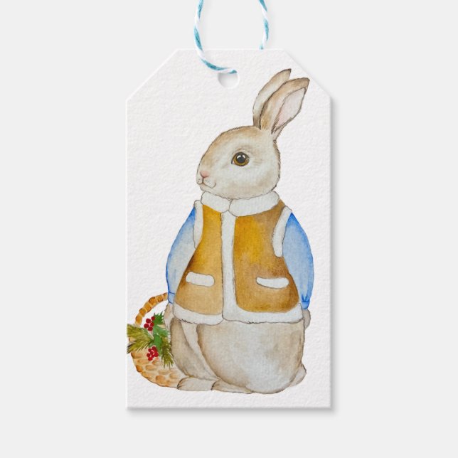 Niedlicher Weihnachtshase mit einem Korb mit Ficht Geschenkanhänger (Vorderseite)