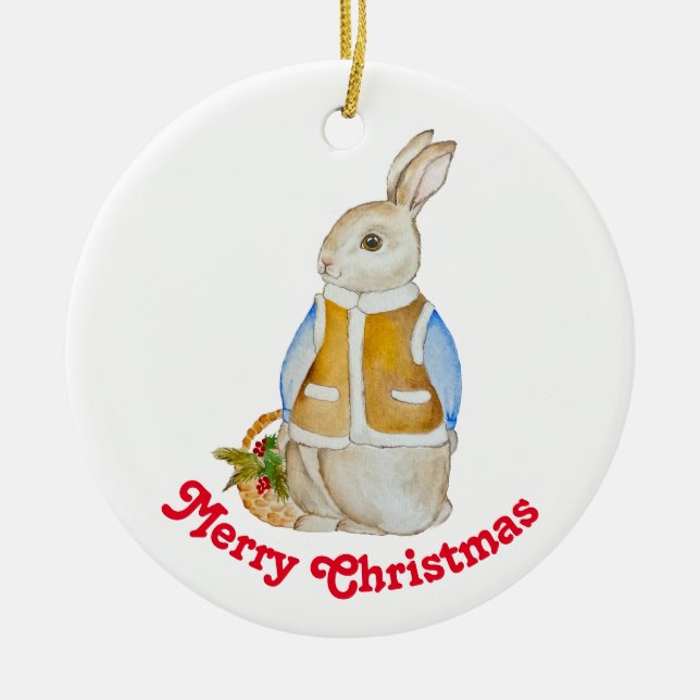 Niedlicher Weihnachtshase mit einem Korb mit Ficht Keramik Ornament (Vorne)