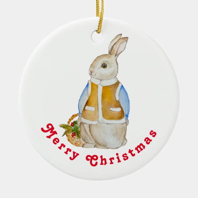 Niedlicher Weihnachtshase mit einem Korb mit Ficht Keramik Ornament (Vorne)