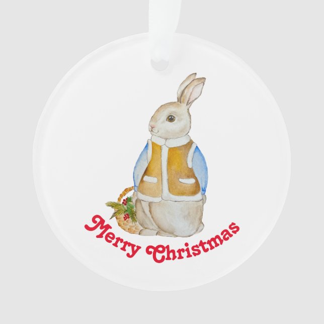 Niedlicher Weihnachtshase mit einem Korb mit Ficht Ornament (Vorderseite)