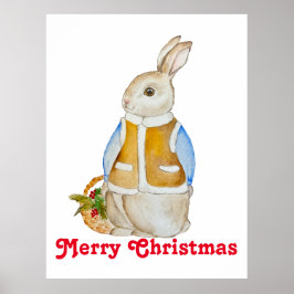 Niedlicher Weihnachtshase mit einem Korb mit Ficht Poster