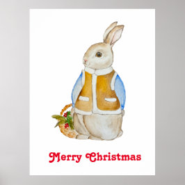 Niedlicher Weihnachtshase mit einem Korb mit Ficht Poster