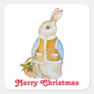 Niedlicher Weihnachtshase mit einem Korb mit Ficht Quadratischer Aufkleber