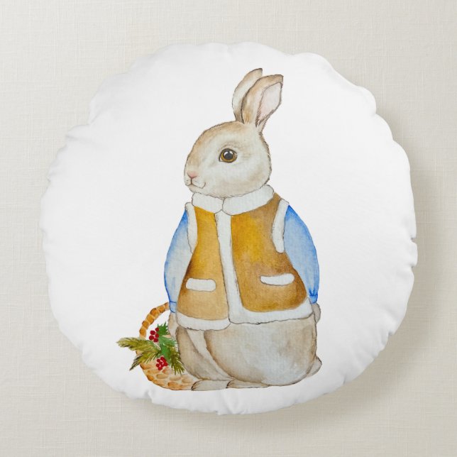 Niedlicher Weihnachtshase mit einem Korb mit Ficht Rundes Kissen (Vorderseite)
